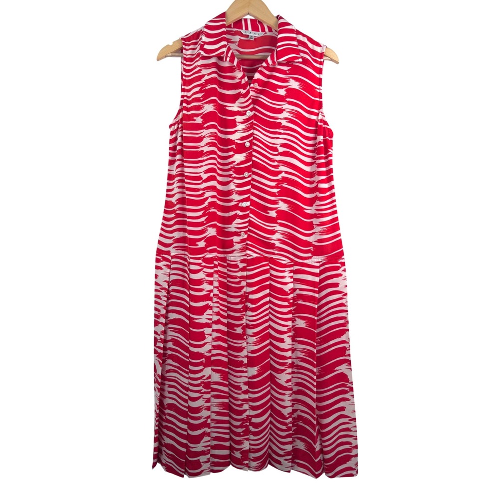 CAbi Brushstroke sleeveless button-front drop waist pleated midi dress 90s sz M